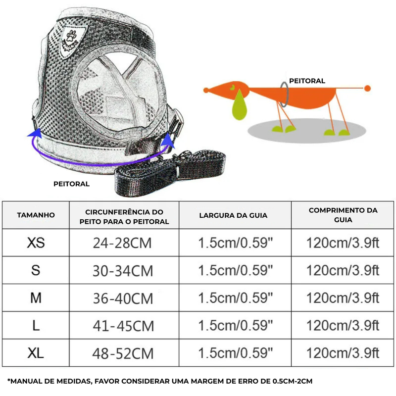 Peitoral Reflexivo + Guia p/ Gato e Cão Pequeno