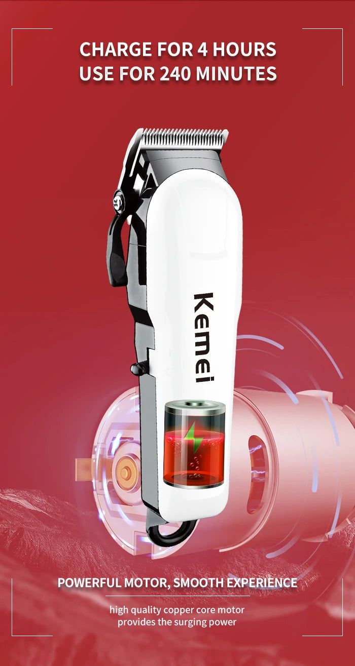 Kemei 809A Máquina de Cortar Cabelo Profissional Sem Fio – 300 min, Lâmina 440C, Bivolt