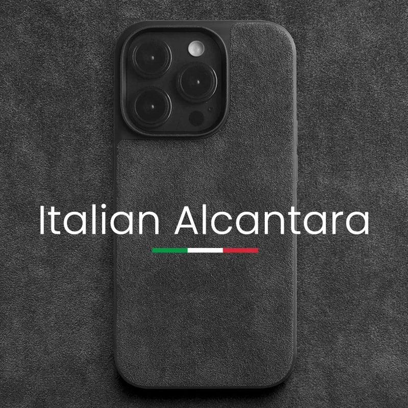 Capa ALCANTARA p/ iPhone 11–16 (Pro/Max) – Luxo, antiderrapante, lavável