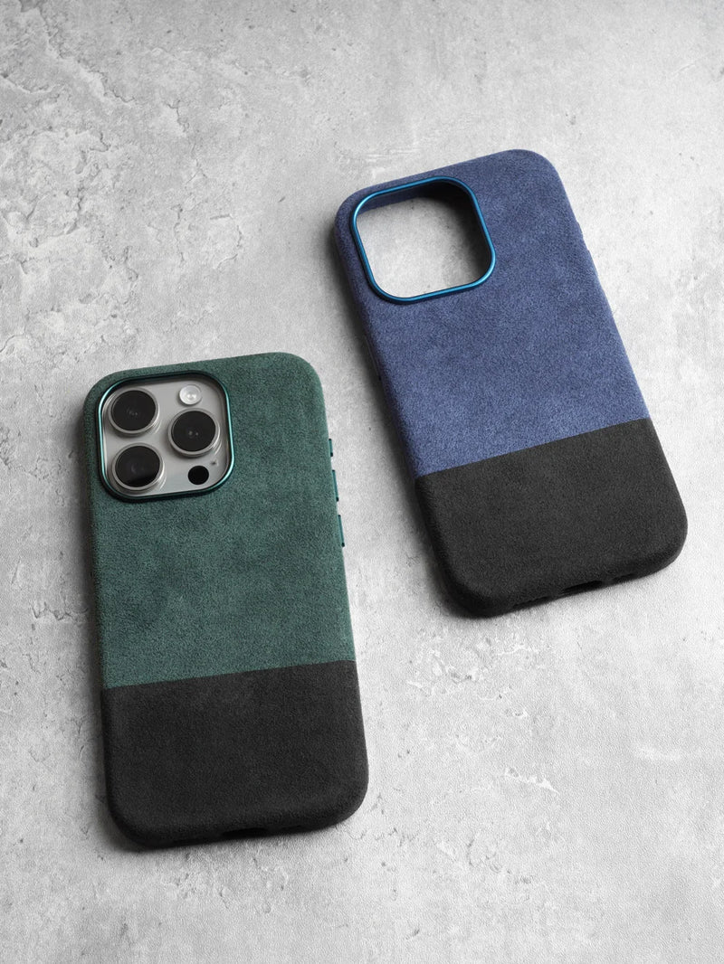 Capa Magnética ALCANTARA p/ iPhone 15/14 Pro & Pro Max – Luxo Automotivo, Anti-marcas, Grip Alto