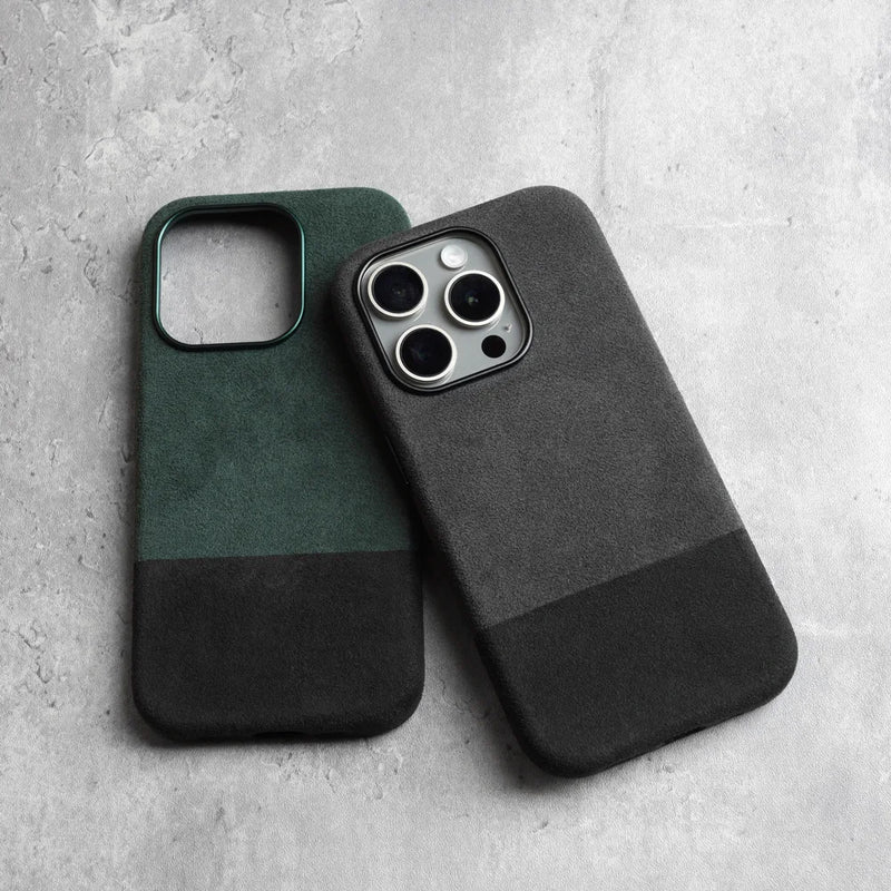 Capa Magnética ALCANTARA p/ iPhone 15/14 Pro & Pro Max – Luxo Automotivo, Anti-marcas, Grip Alto