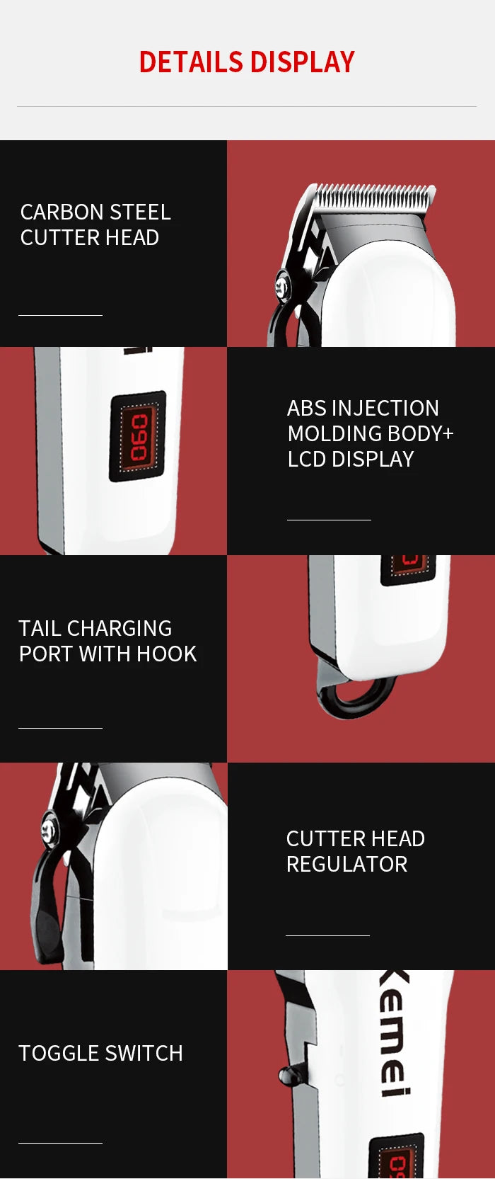 Kemei 809A Máquina de Cortar Cabelo Profissional Sem Fio – 300 min, Lâmina 440C, Bivolt