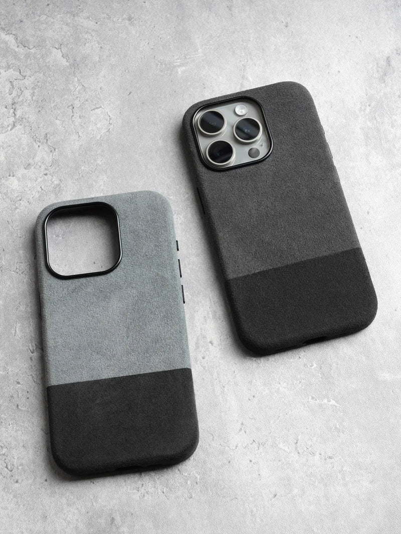 Capa Magnética ALCANTARA p/ iPhone 15/14 Pro & Pro Max – Luxo Automotivo, Anti-marcas, Grip Alto